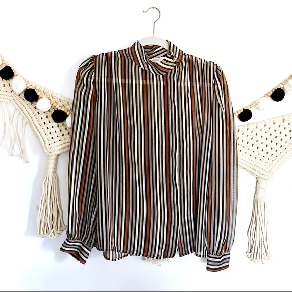 Josephine Tops - JOSEPHINE Vintage Stripe Button High Neck Blouse